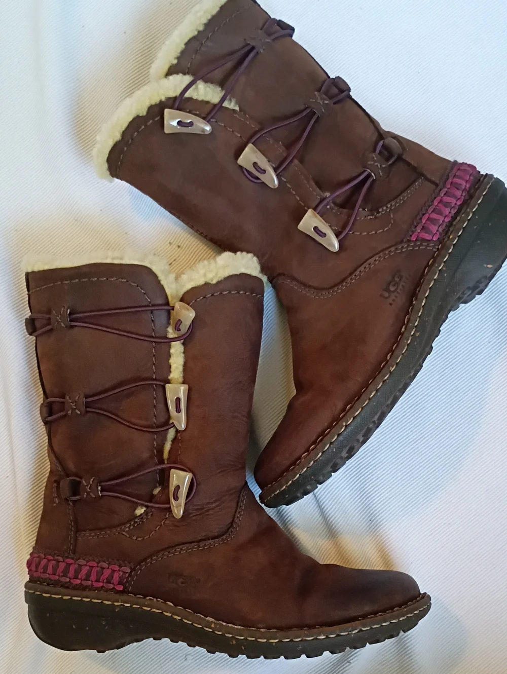 UGG Brown Leather Shearling-Lined Mid-Calf Boots with Purple Accents